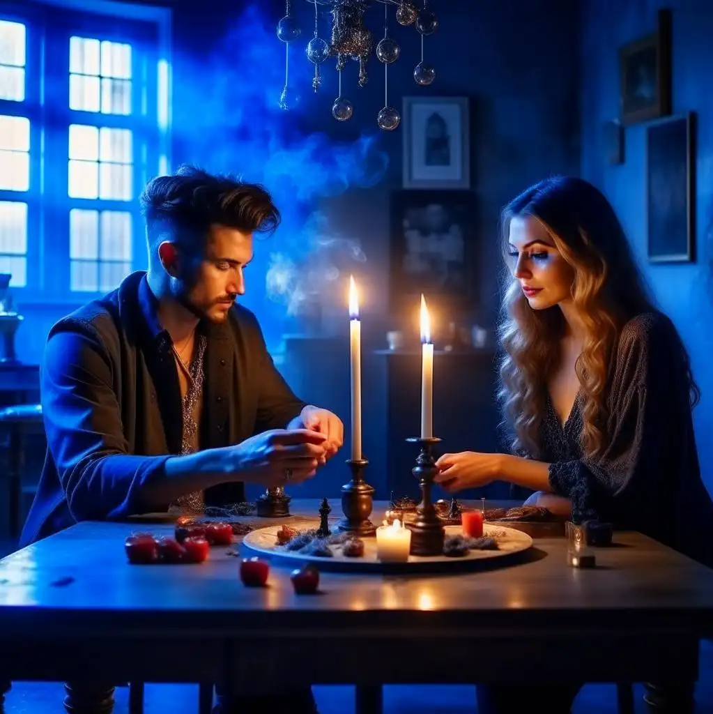 Снятие сглаза у мужчины, девушка проводит ритуал со свечами ладаном и водой