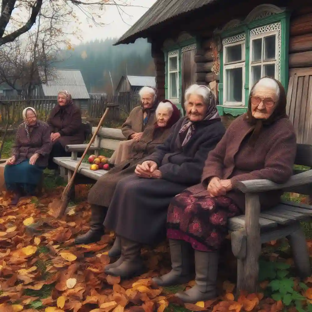 Сплетницы в деревне на лавке