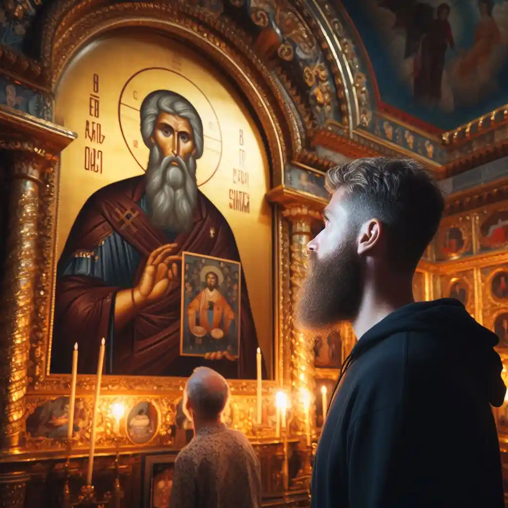 Николай смотрит на икону Николая Чудотворца