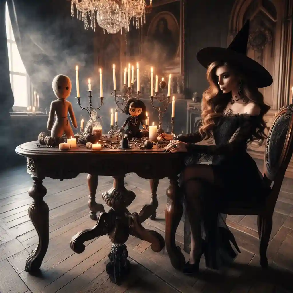 Ведьма за ритуальным столом, с куклами Вуду