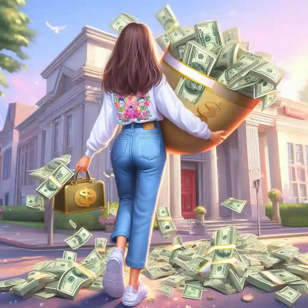 Девушка идёт в Банк с деньгами