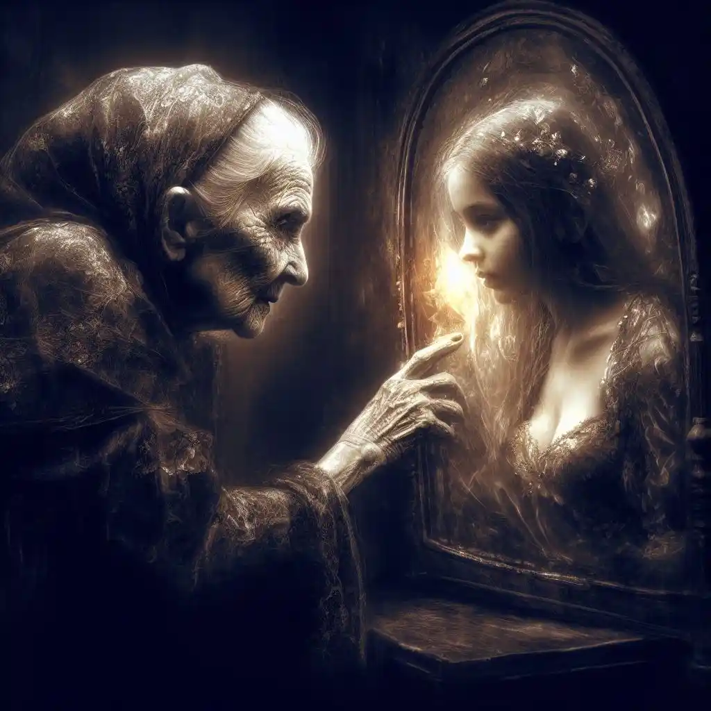 Старуха видит отражения себя в зеркале