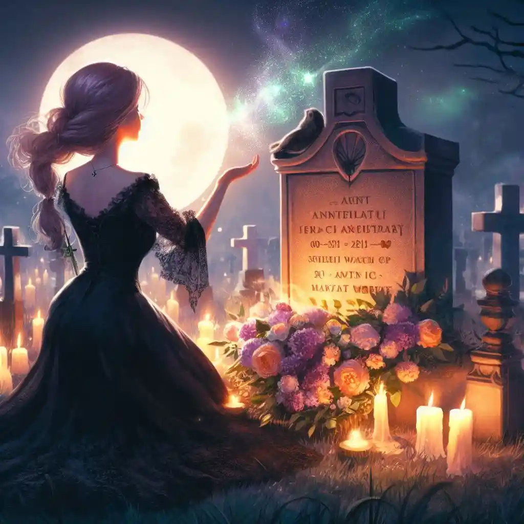 Девушка у могилы ведьмы, благодарит её за помощь