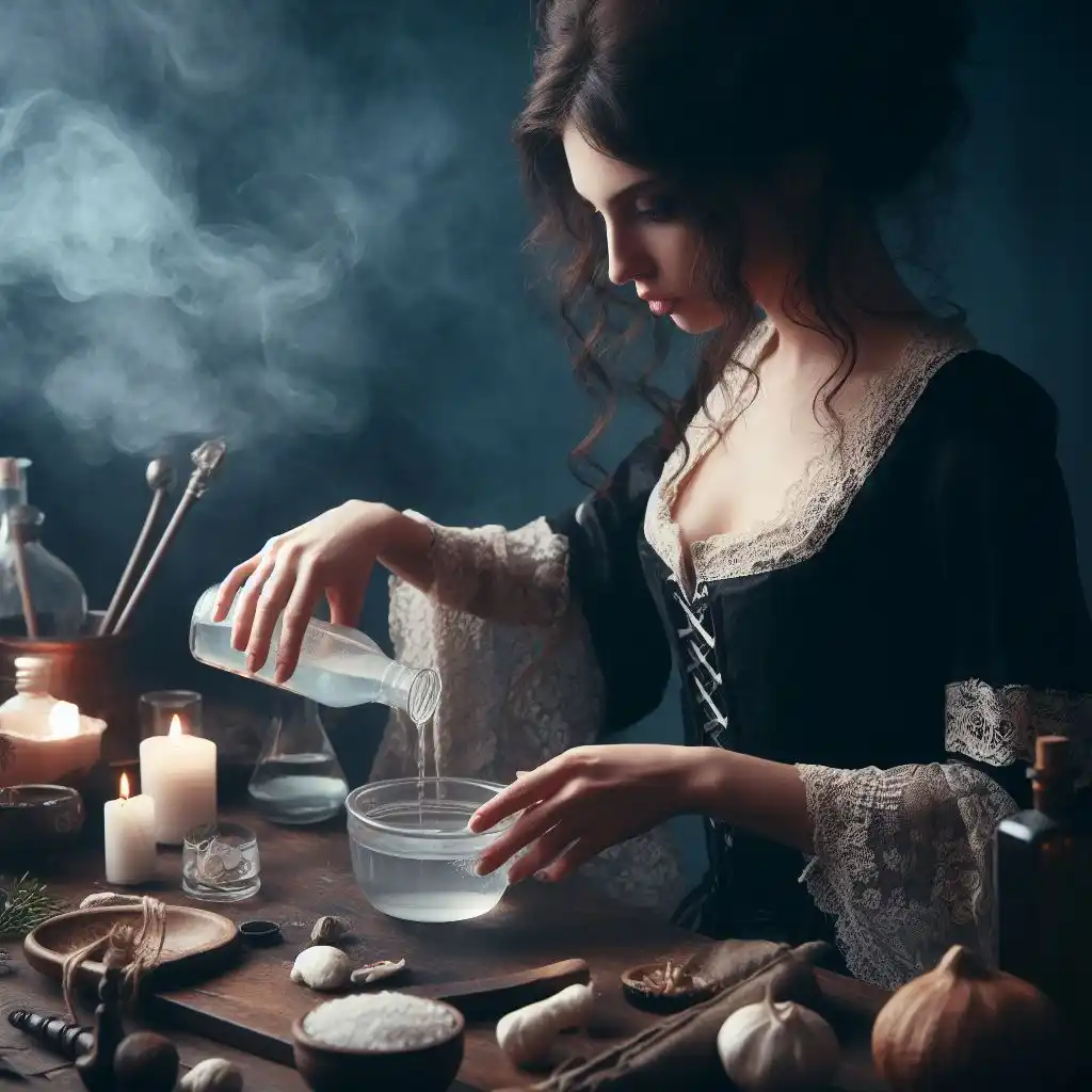 Ведьма готовит предметы для ритуала снятия порчи