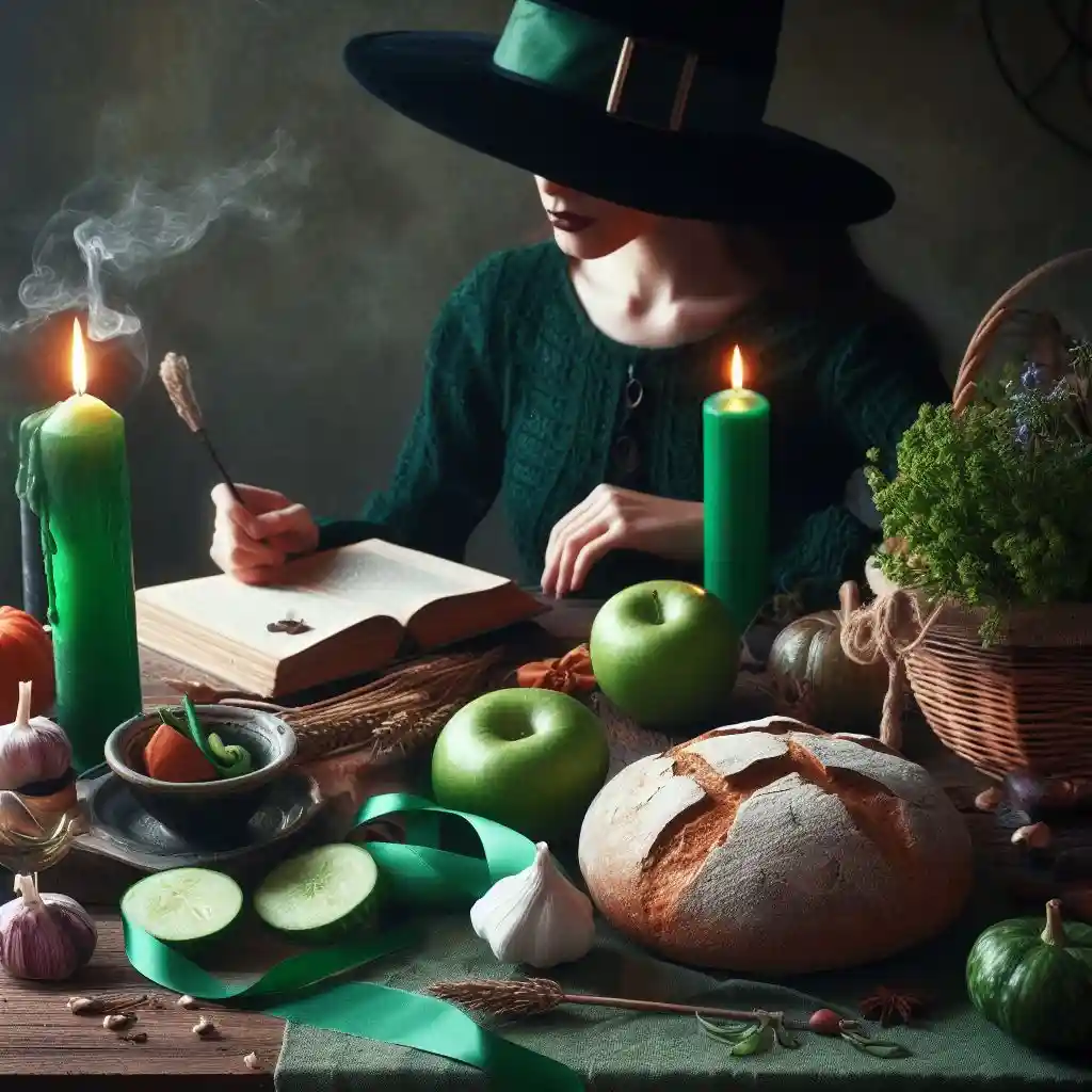 Зелёная свечка, чеснок, хлеб, для ритуала от сглаза на деньги