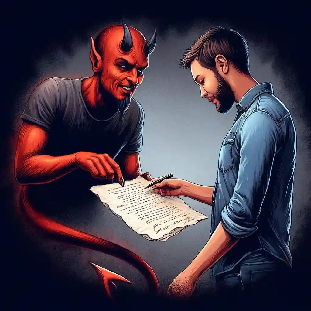 Парень подписывает договор с Дьяволом